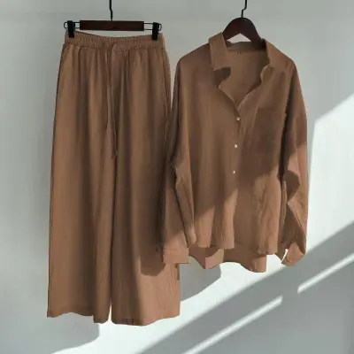 Women Casual Solid Color Shirt And Pants Two-Piece Set