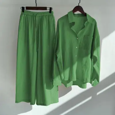 Women Casual Solid Color Shirt And Pants Two-Piece Set