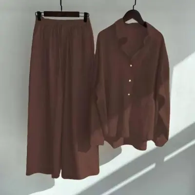 Women Casual Solid Color Shirt And Pants Two-Piece Set