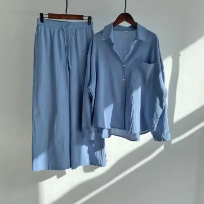 Women Casual Solid Color Shirt And Pants Two-Piece Set