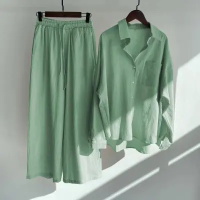 Women Casual Solid Color Shirt And Pants Two-Piece Set