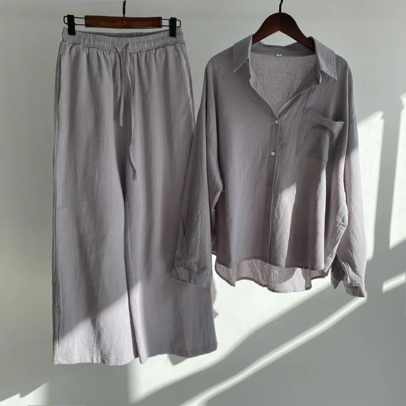 Women Casual Solid Color Shirt And Pants Two-Piece Set