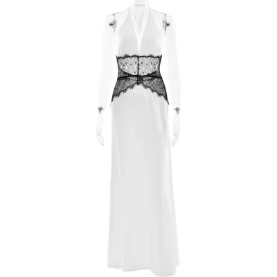 Women Elegant Deep V-Neck Lace-Stitch Maxi Dress