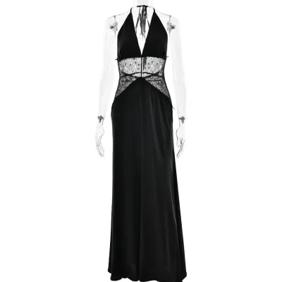 Women Elegant Deep V-Neck Lace-Stitch Maxi Dress
