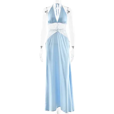 Women Elegant Deep V-Neck Lace-Stitch Maxi Dress