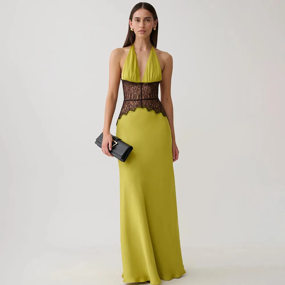 Women Elegant Deep V-Neck Lace-Stitch Maxi Dress