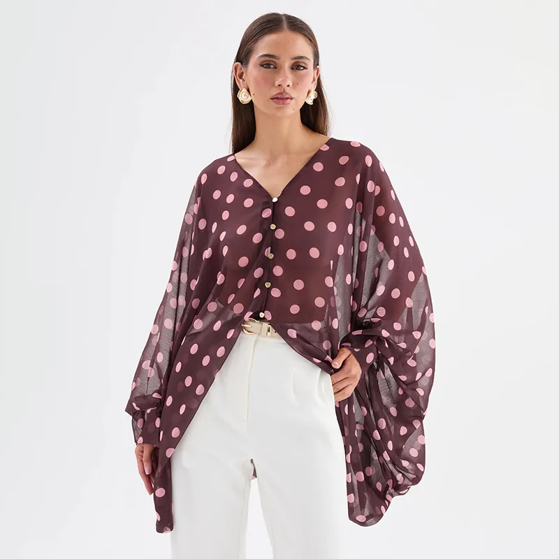 Autumn Women Fashion Polo Dot Print V-Neck Long Sleeve Chiffon Shirt