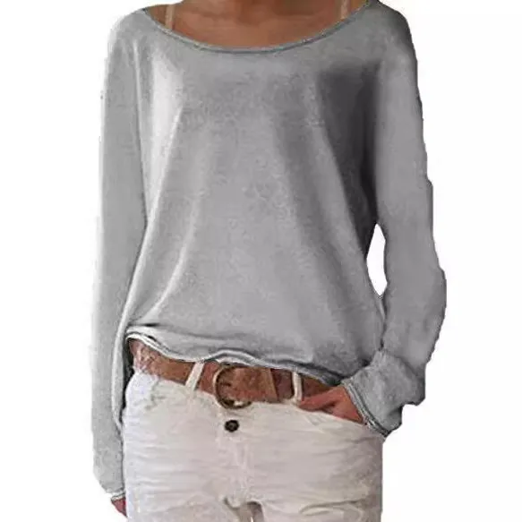 Women Fashion Casual Solid Color Cotton Round Neck Long-Sleeve Loose T-Shirt