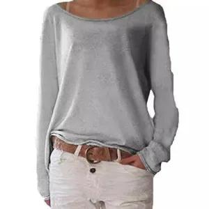 Women Fashion Casual Solid Color Cotton Round Neck Long-Sleeve Loose T-Shirt
