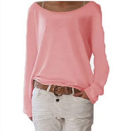 Women Fashion Casual Solid Color Cotton Round Neck Long-Sleeve Loose T-Shirt