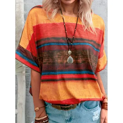 Women Fashion Casual Summer Gradient Contrast Color Short-Sleeve T-Shirt