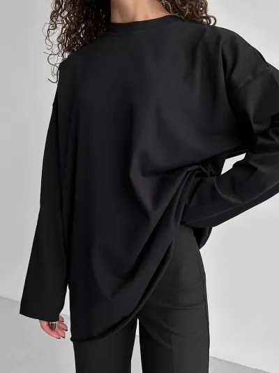 Women Fashion Casual Simple Solid Color Cotton Round Neck Long Sleeve Loose T-Shirt