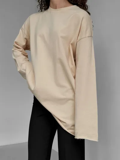 Women Fashion Casual Simple Solid Color Cotton Round Neck Long Sleeve Loose T-Shirt