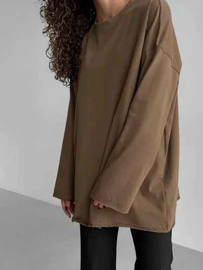 Women Fashion Casual Simple Solid Color Cotton Round Neck Long Sleeve Loose T-Shirt