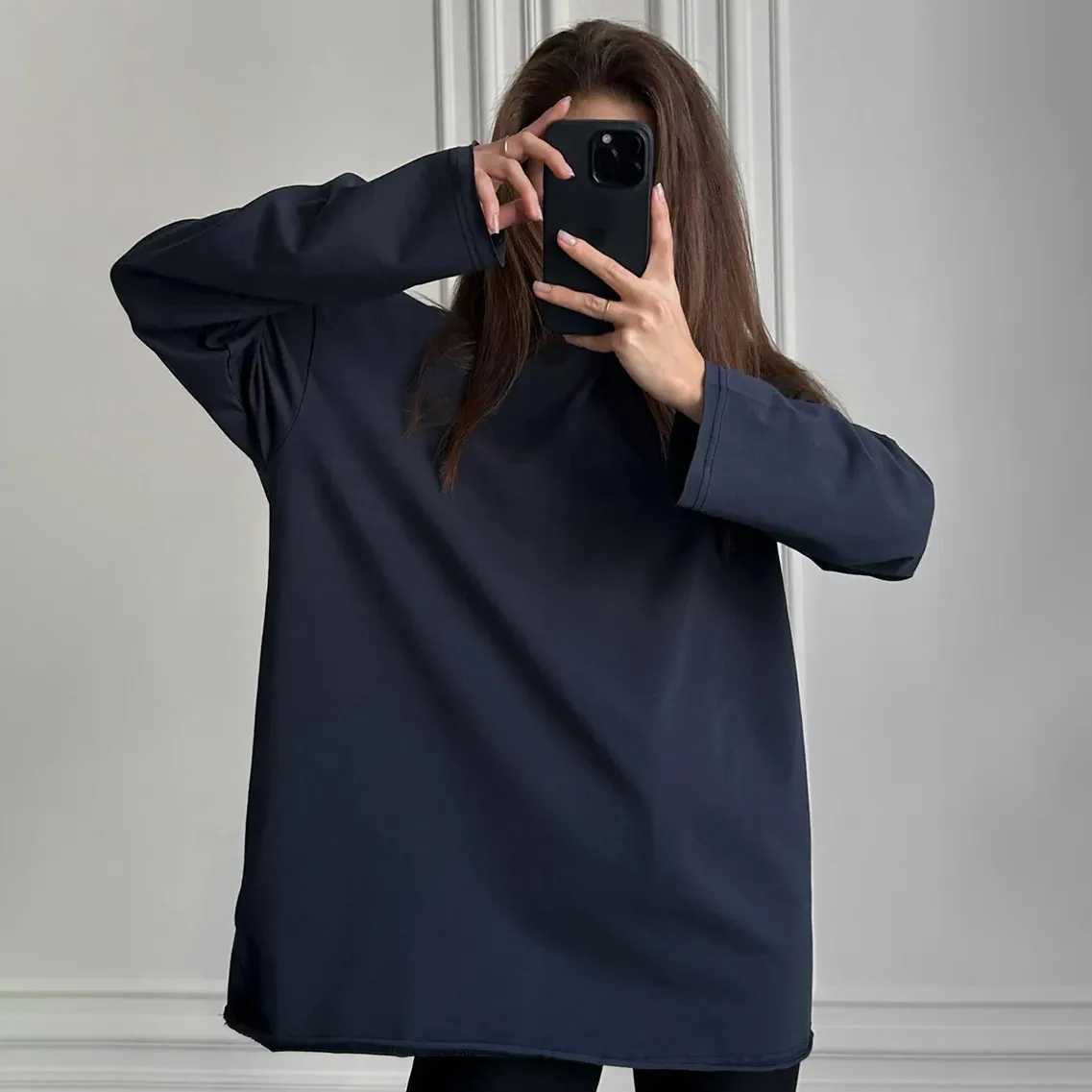 Women Fashion Casual Simple Solid Color Cotton Round Neck Long Sleeve Loose T-Shirt