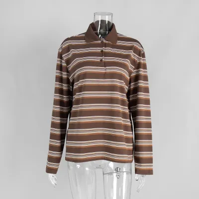 Women Fashion Casual Spring And Summer Stripe Polo Collar Long-Sleeve Loose T-Shirt