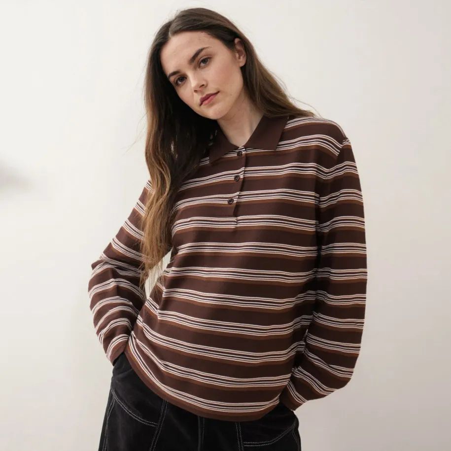 Women Fashion Casual Spring And Summer Stripe Polo Collar Long-Sleeve Loose T-Shirt