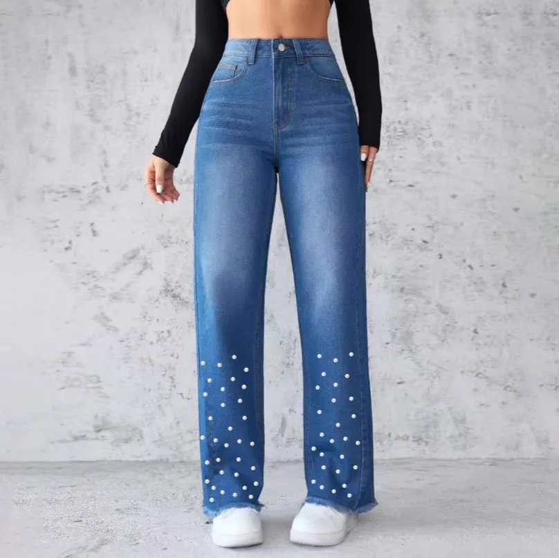 Women Fashion Casual Bead Decoration High Waist Straight Jeans