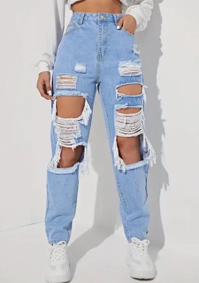 Women Fashion Casual Wash Ripped Mom Jeans