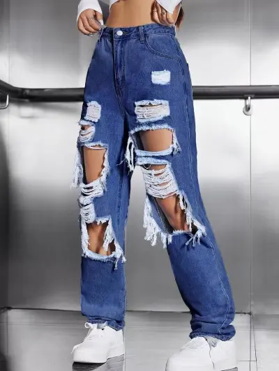 Women Fashion Casual Wash Ripped Mom Jeans