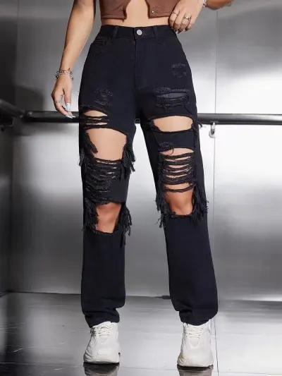 Women Fashion Casual Wash Ripped Mom Jeans