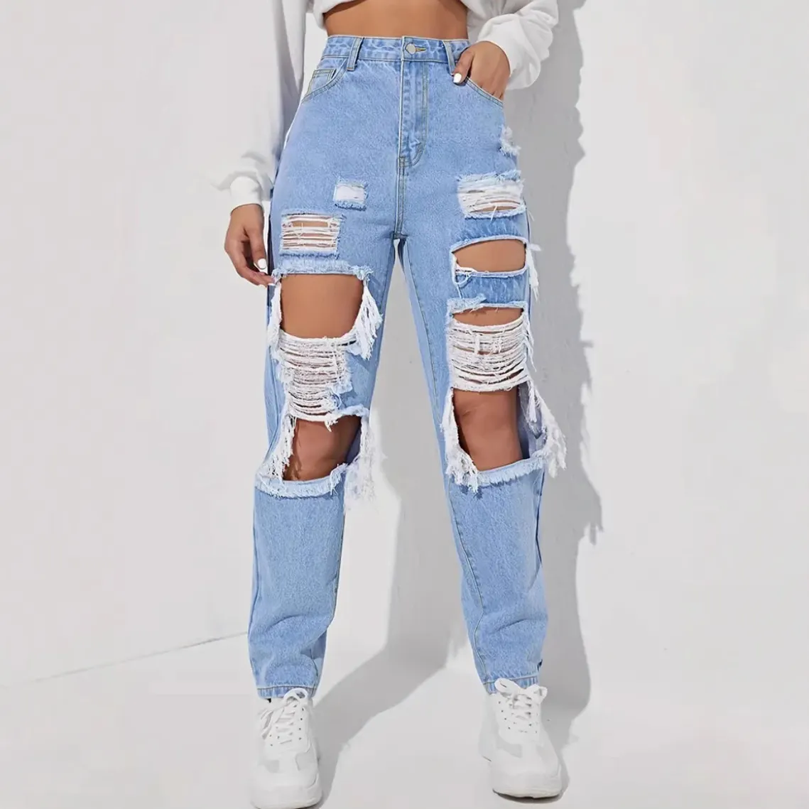 Women Fashion Casual Wash Ripped Mom Jeans