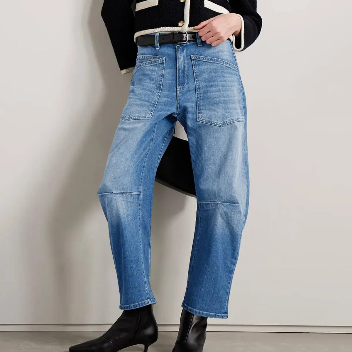 Women Fashion Retro Washed Curved High Waist Straight Jeans