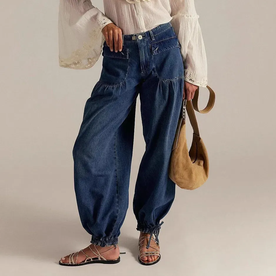 Women Fashion Casual Retro Mid-Waist Non-Elastic Joggers Jeans