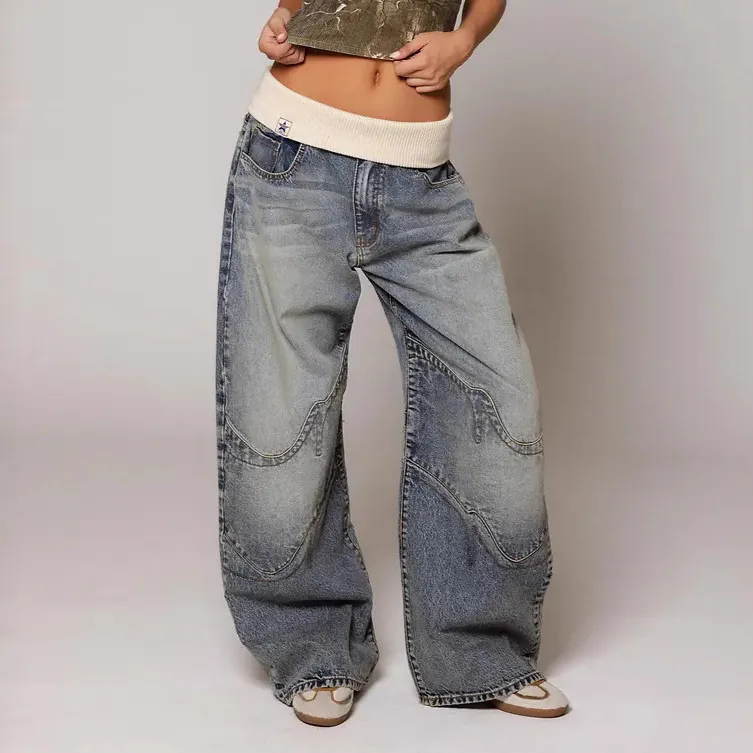 Women Fashion Casual Retro Washed Stitching Low Waist Wide Leg Jeans