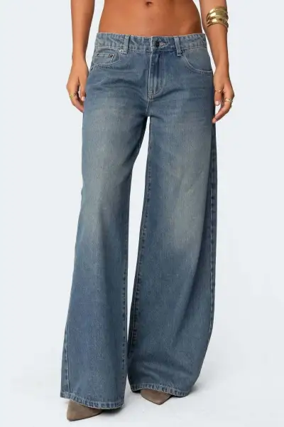 Women Fashion Casual Simple Loose Wide Leg Jeans