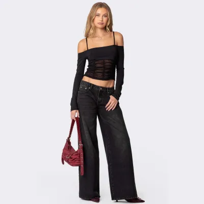 Women Fashion Casual Simple Loose Wide Leg Jeans