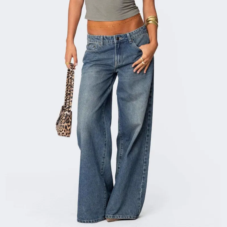 Women Fashion Casual Simple Loose Wide Leg Jeans