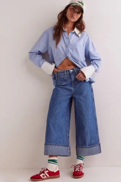Women Fashion Retro Washed Stripe Straight Wide Leg Jeans
