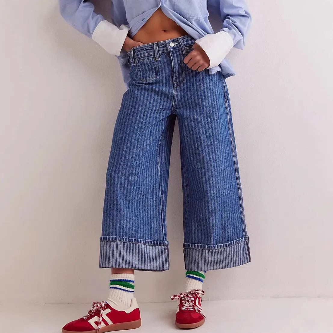 Women Fashion Retro Washed Stripe Straight Wide Leg Jeans