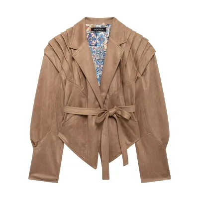 Women Fashion Casual Retro Autumn And Winter Velvet Lapel Long-Sleeve Lace-Up Jacket