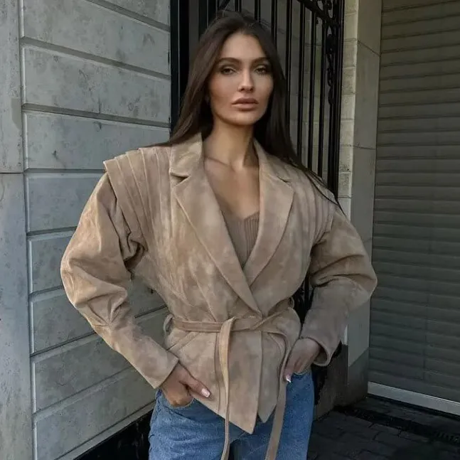 Women Fashion Casual Retro Autumn And Winter Velvet Lapel Long-Sleeve Lace-Up Jacket