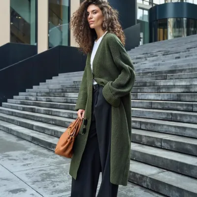 Women Fashion Casual Autumn And Winter Solid Color Long-Sleeve Long Loose Knitted Coat