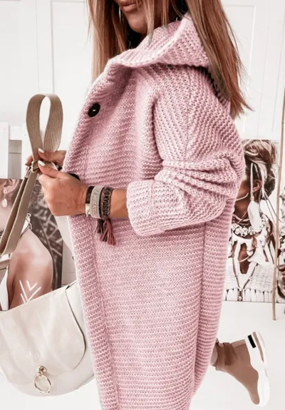 Women Fashion Casual Autumn Winter Solid Color Long-Sleeve With Hat Loose Knitted Coat