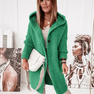 Women Fashion Casual Autumn Winter Solid Color Long-Sleeve With Hat Loose Knitted Coat