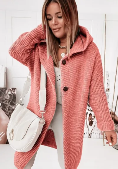 Women Fashion Casual Autumn Winter Solid Color Long-Sleeve With Hat Loose Knitted Coat