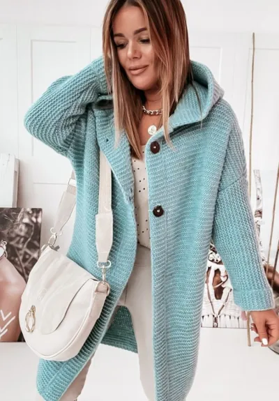 Women Fashion Casual Autumn Winter Solid Color Long-Sleeve With Hat Loose Knitted Coat