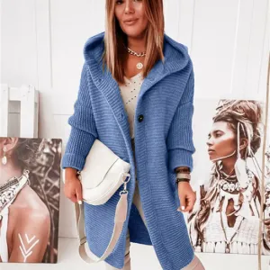 Women Fashion Casual Autumn Winter Solid Color Long-Sleeve With Hat Loose Knitted Coat