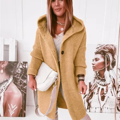Women Fashion Casual Autumn Winter Solid Color Long-Sleeve With Hat Loose Knitted Coat