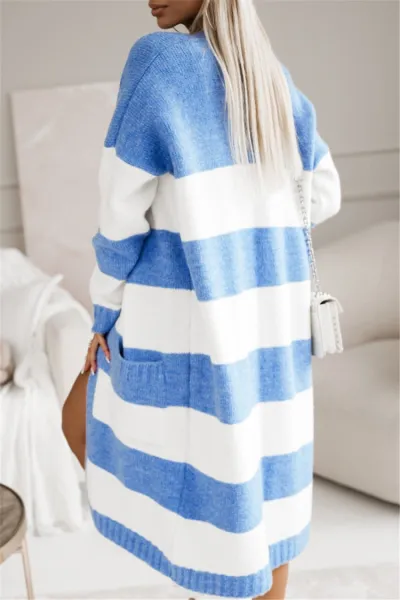 Women Fashion Casual Autumn Winter Contrast Color Long-Sleeve Loose Knitted Coat