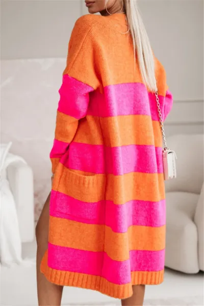 Women Fashion Casual Autumn Winter Contrast Color Long-Sleeve Loose Knitted Coat