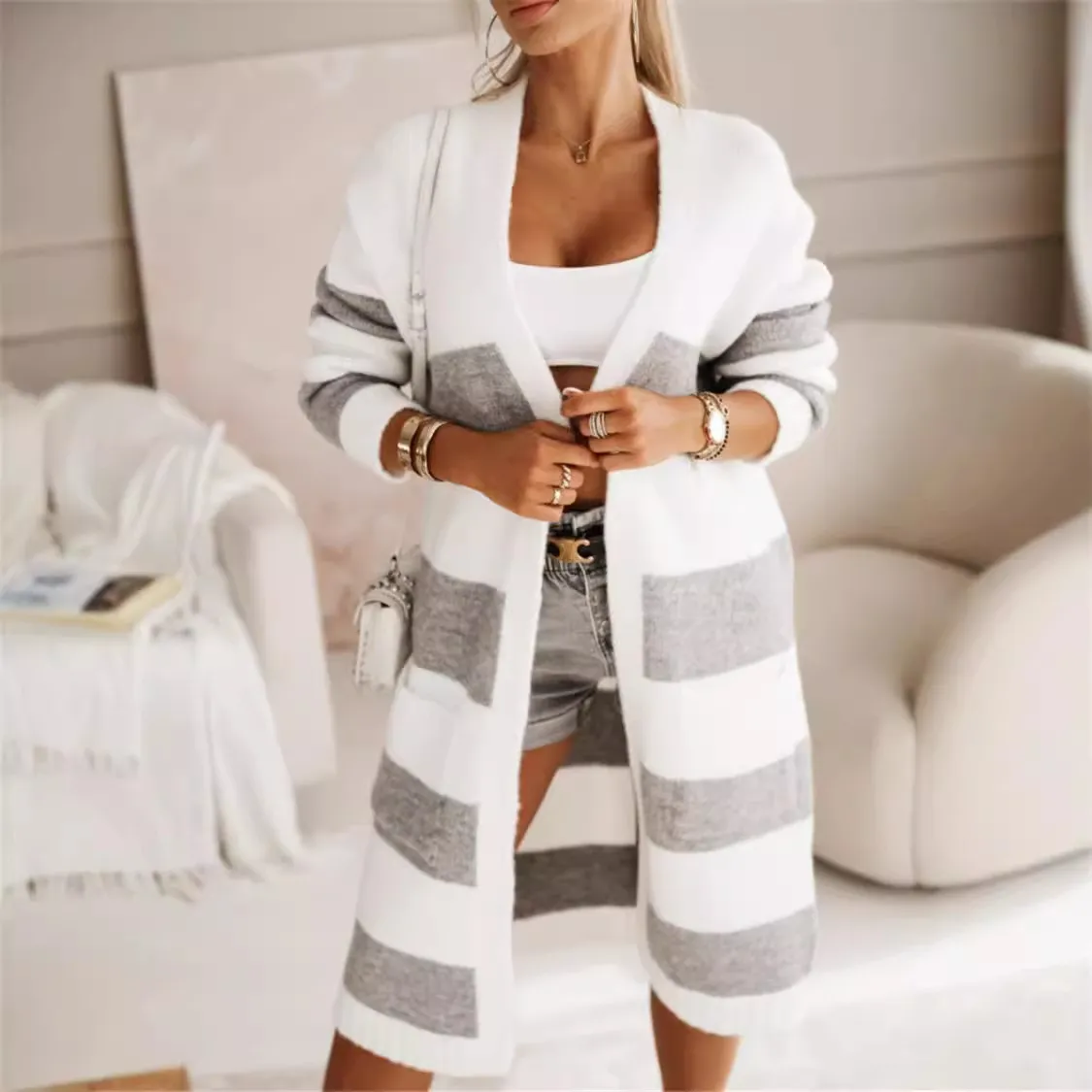 Women Fashion Casual Autumn Winter Contrast Color Long-Sleeve Loose Knitted Coat