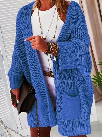 Women Fashion Casual Autumn Winter Solid Color Long-Sleeve Loose Knitted Coat