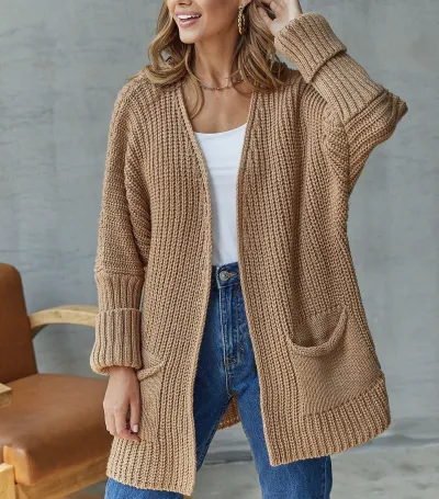 Women Fashion Casual Autumn Winter Solid Color Long-Sleeve Loose Knitted Coat