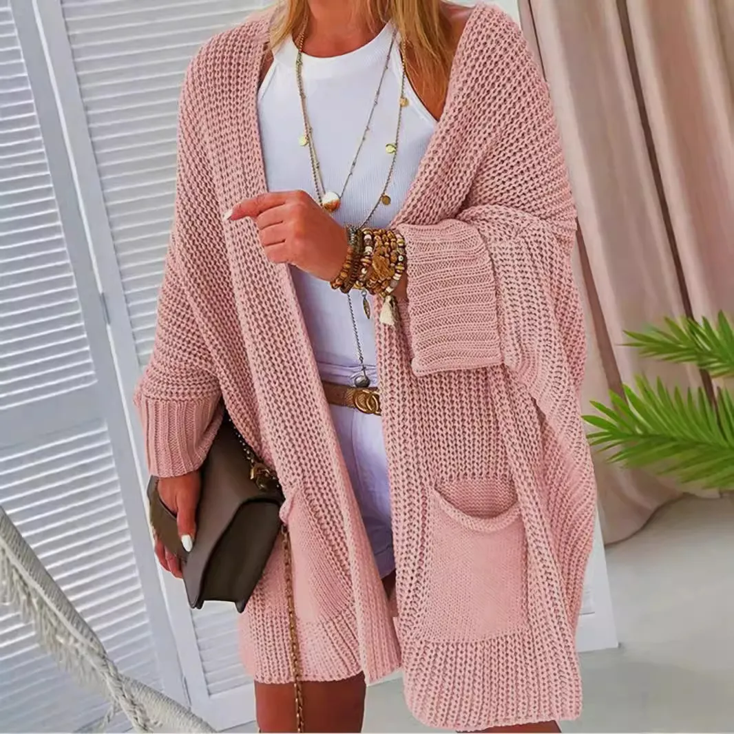 Women Fashion Casual Autumn Winter Solid Color Long-Sleeve Loose Knitted Coat