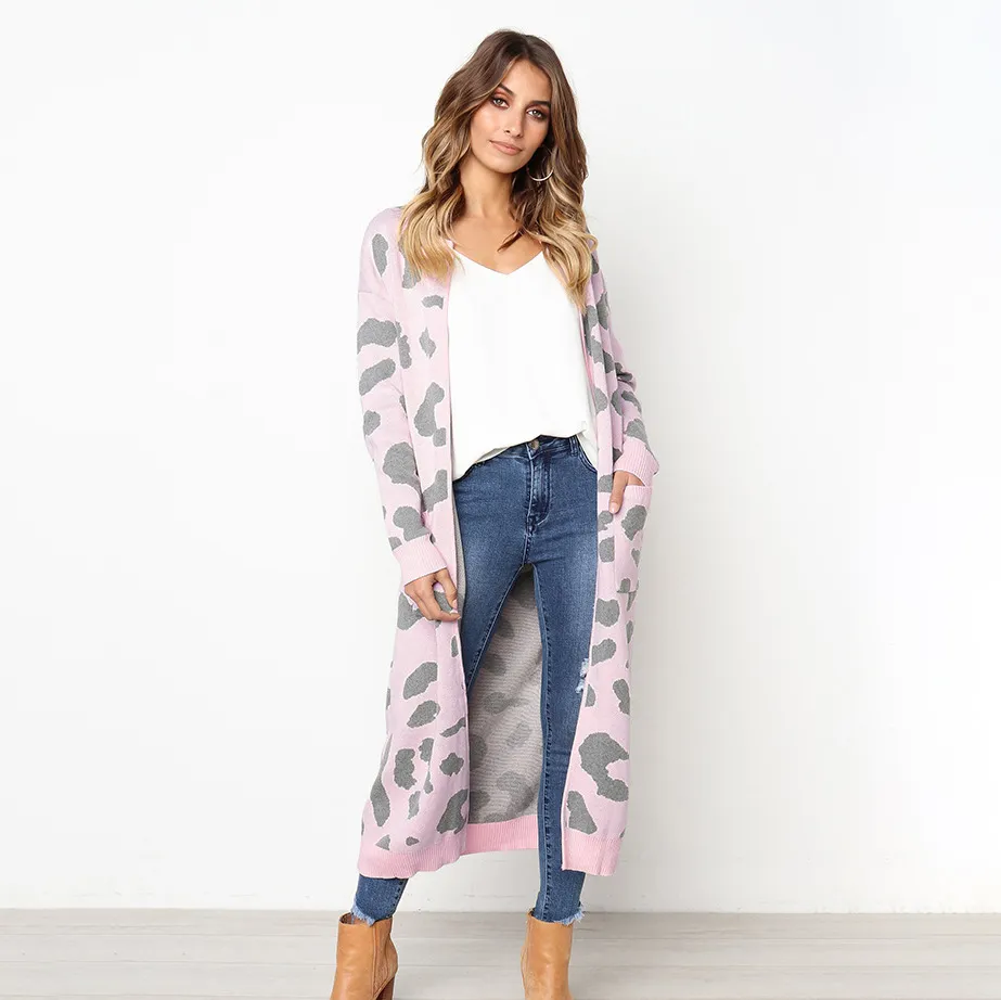 Women Fashion Casual Autumn And Winter Leopard Long-Sleeve Loose Mid-Length Knitted Coat